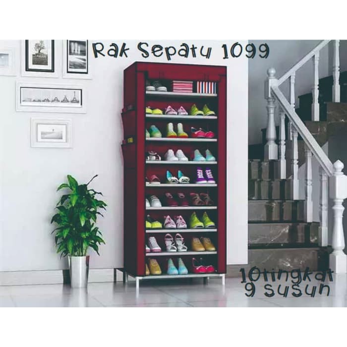 Rak Sepatu 10 Tingkat + Cover Debu Polos Susun 10Th 9 Ruang 1099 Redwine