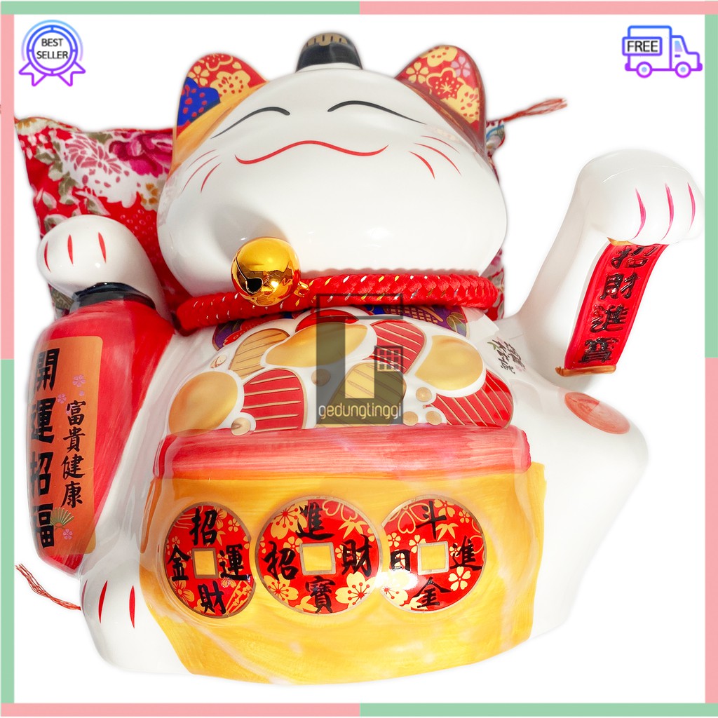 Pajangan Patung Hiasan Boneka Dekorasi Kucing Bawa Panggil Rejeki Rezeki Hoki Maneki Neko Maneko Neki ManekiNeko Lucky Cat Keberuntungan Keramik Putih Baterai Batrai Batre Listrik Tangan Goyang Gerak Meja Etalase Toko Resto Cafe Cina China Jepang Jumbo XL