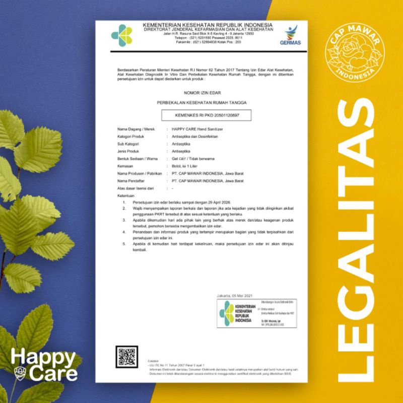 HAND SANITIZER CAIR AROMA LEMON (BENING)  500ML  HAPPY CARE / HAND SANITIZER CAIR / HAND SANITIZER