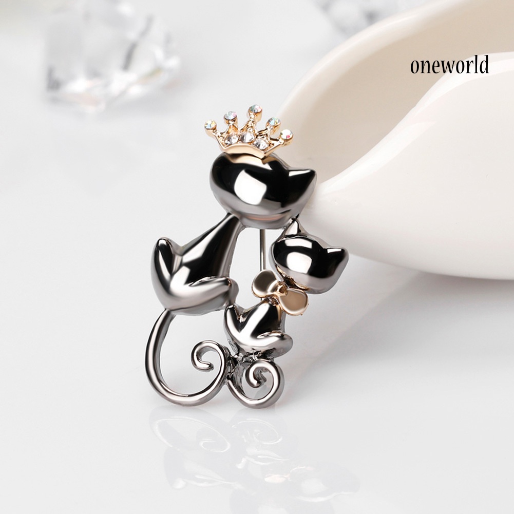 OW@ Fashion Jewelry Shiny Rhinestone Cute Double Cats Kitten Crown Brooch Pin Gift