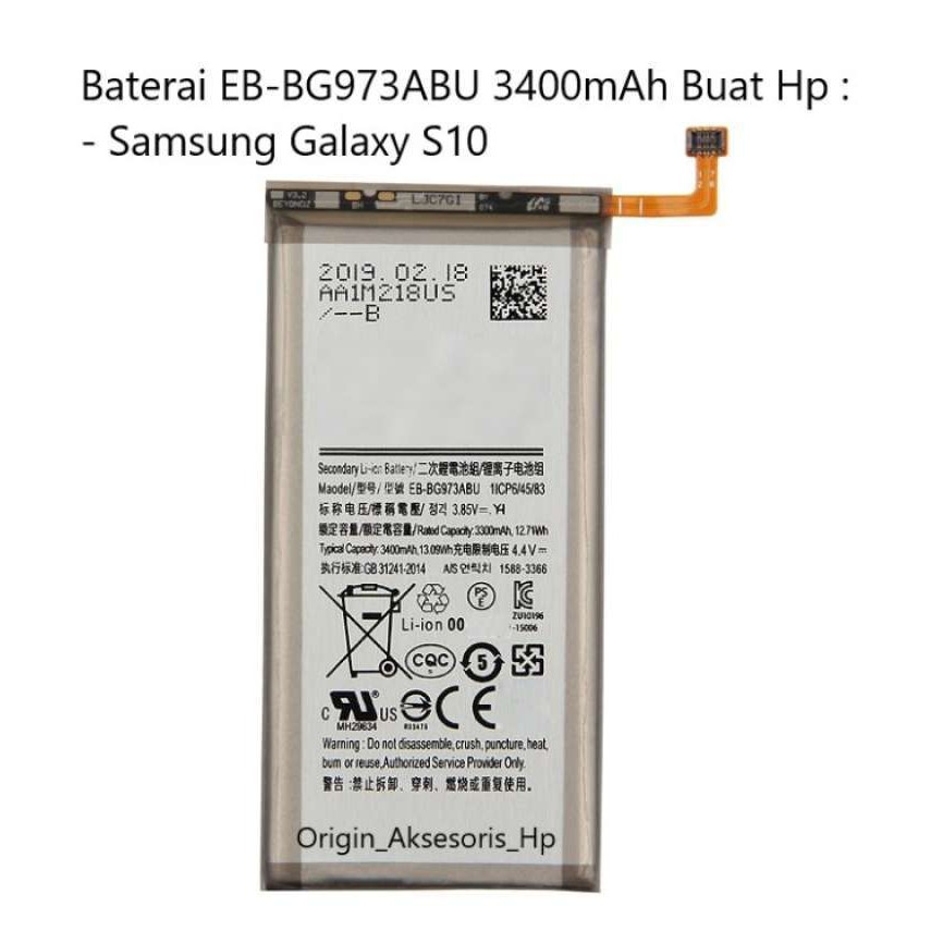 Baterai Samsung Galaxy S10  EB-BG973ABU Handphone Samsung Galaxy S10 Batre Original