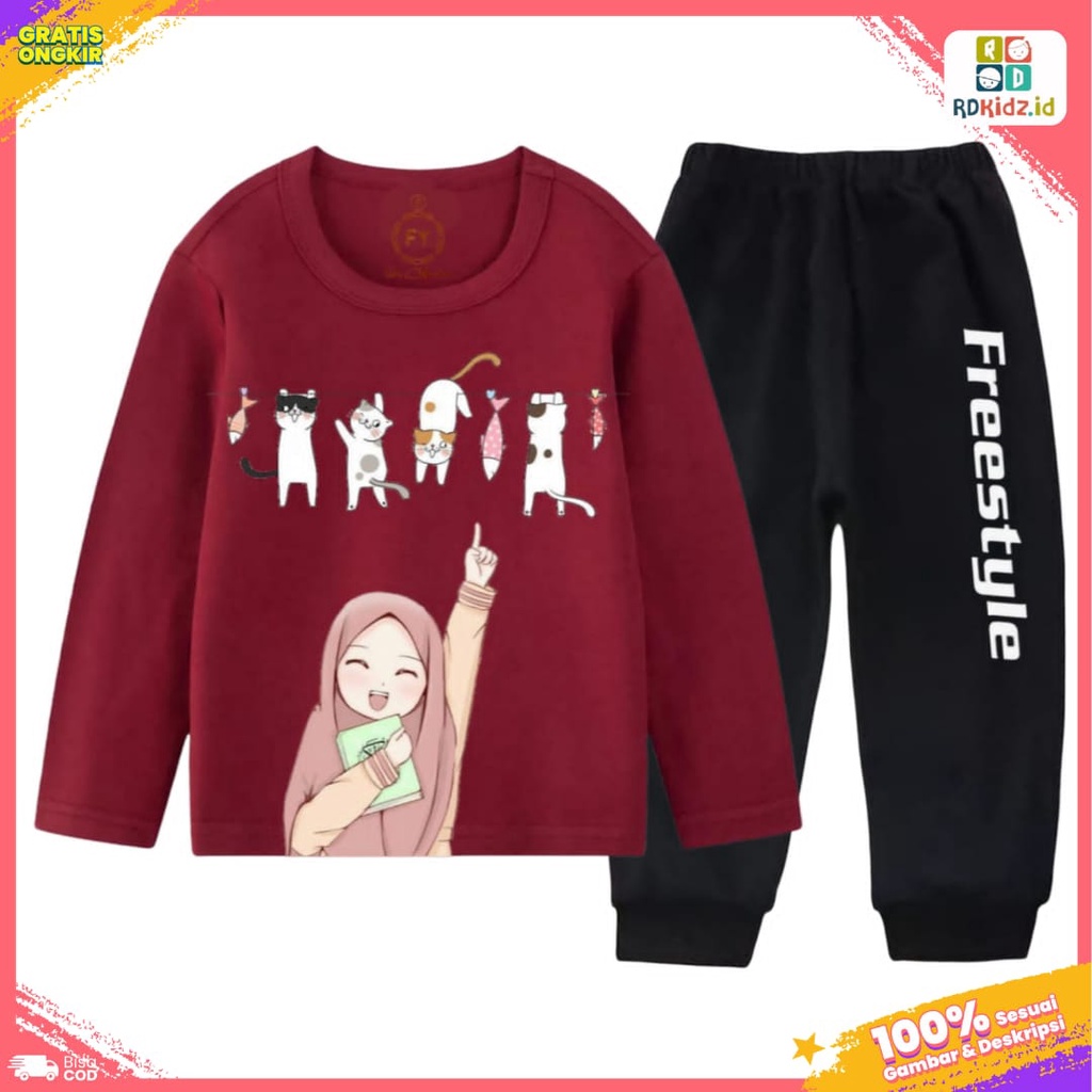 Rdkidzid Set Lengan Panjang Anak Perempuan Setelan Baju Kaos Sweater Islami Motif Muslim Maroon Anak Cewek