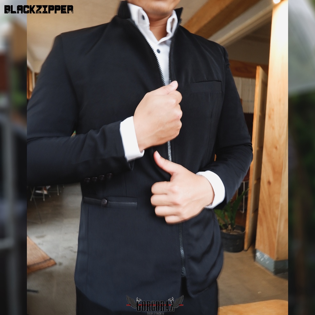 jasko beskap sleting odel korea slimfit hitam jas koko keren ori gorgoraz