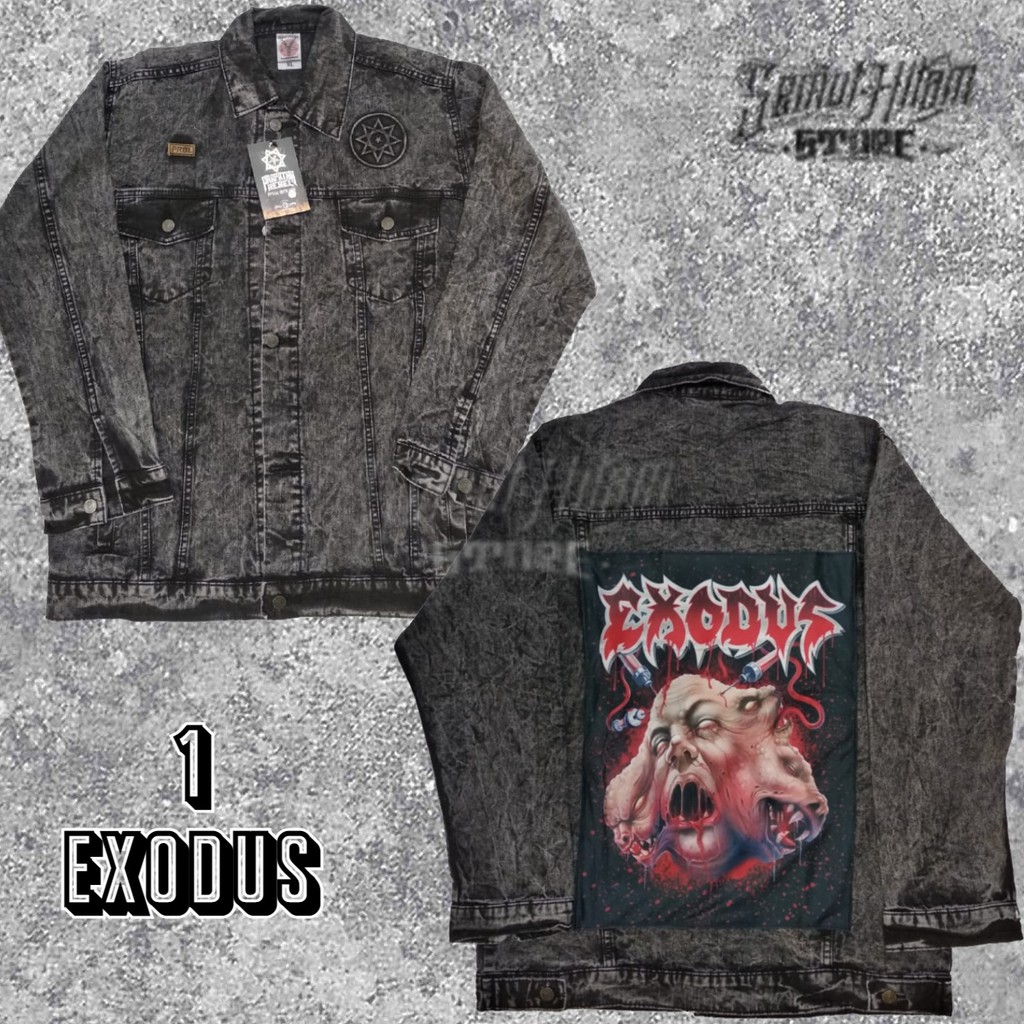 Jaket Jeans Denim Emblem Sablon Punggung Band Musik Metal Prapatan Rebel EXODUS KATAKLYSM CRADLE