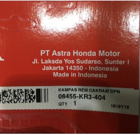 Kampas Rem Cakram (KR3) Karisma Supra CS1 Revo Lama Tiger Mega Pro AHM (Asli Honda)