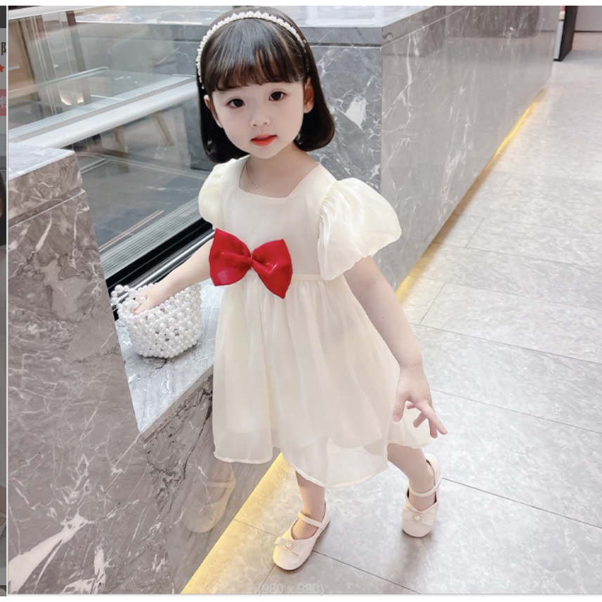 D881 NEW Dress anak motif polos dengan pita merah