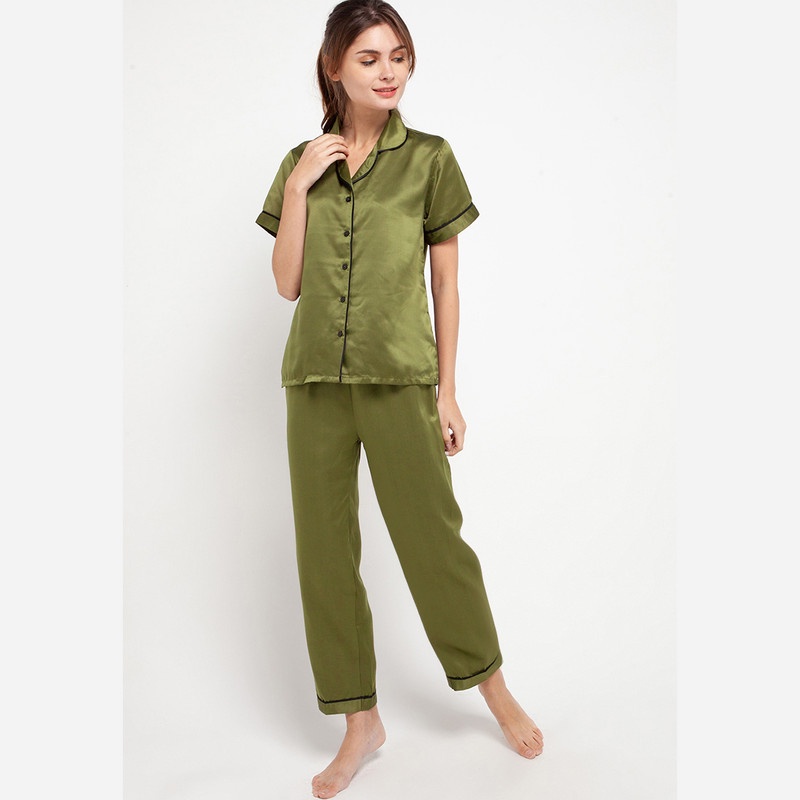Anne Wintours Pyjama Short Sleeve Long Pants Satin Sleepwear Wanita