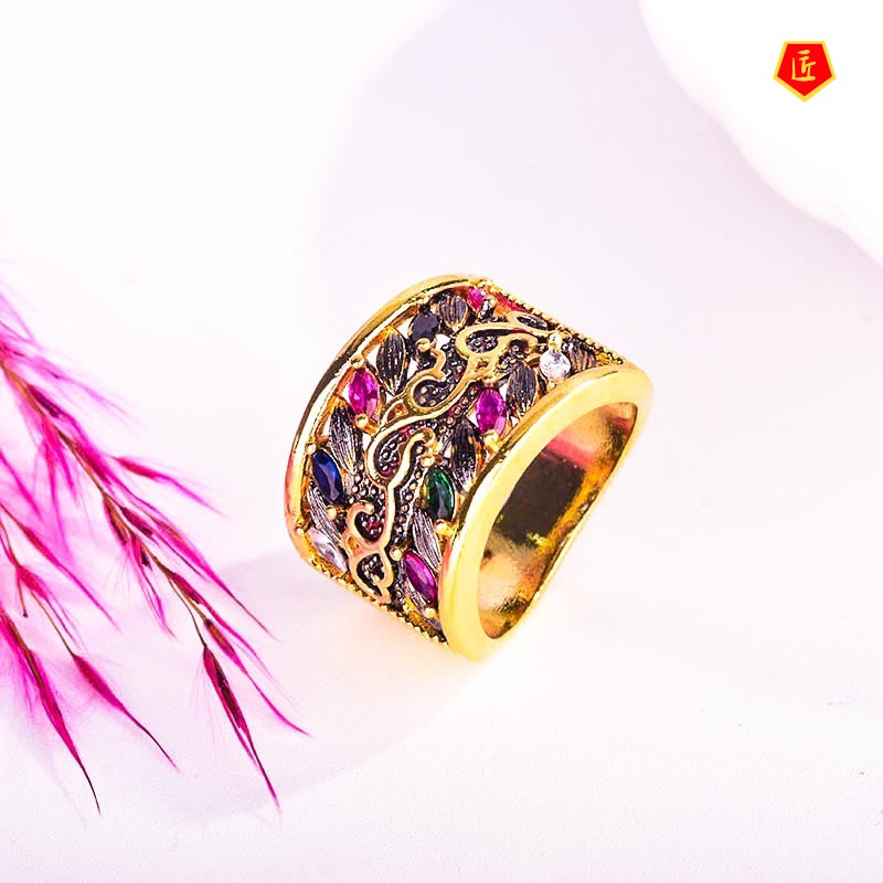 [Ready Stock]Luxury Gothic Style Colored Gemstone Ring 18K Gold