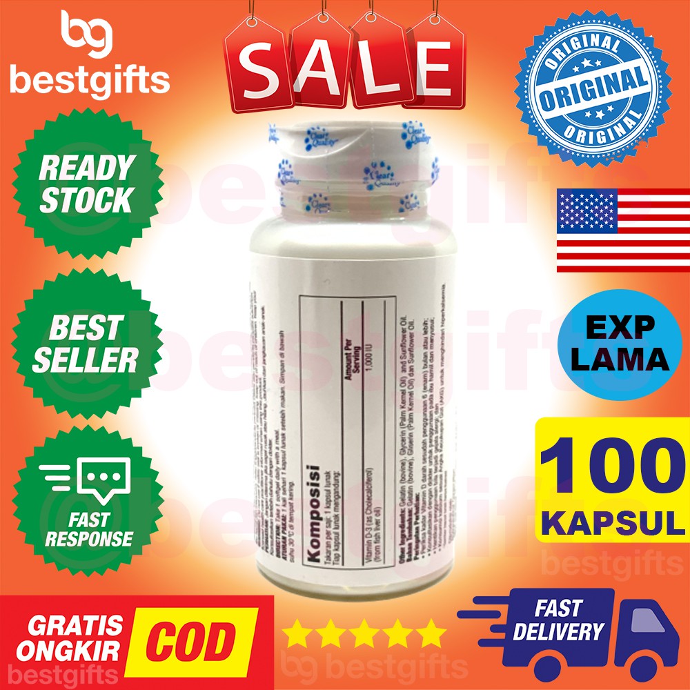 KAL VITAMIN D3 1000 IU VIT D 1000IU ANTIOKSIDAN IMUNITAS TUBUH KEPADATAN TULANG OTOT GIGI 100 KAPSUL