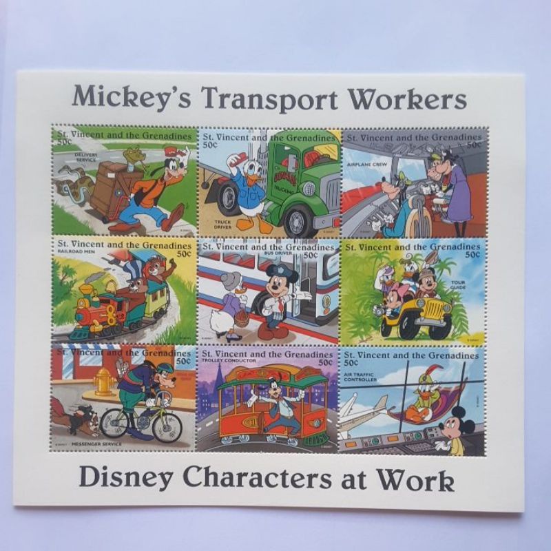 

Terlaris ✨ - Perangko Disney St Vincent Mickey transport workers sheet 9 prangko3.1.23