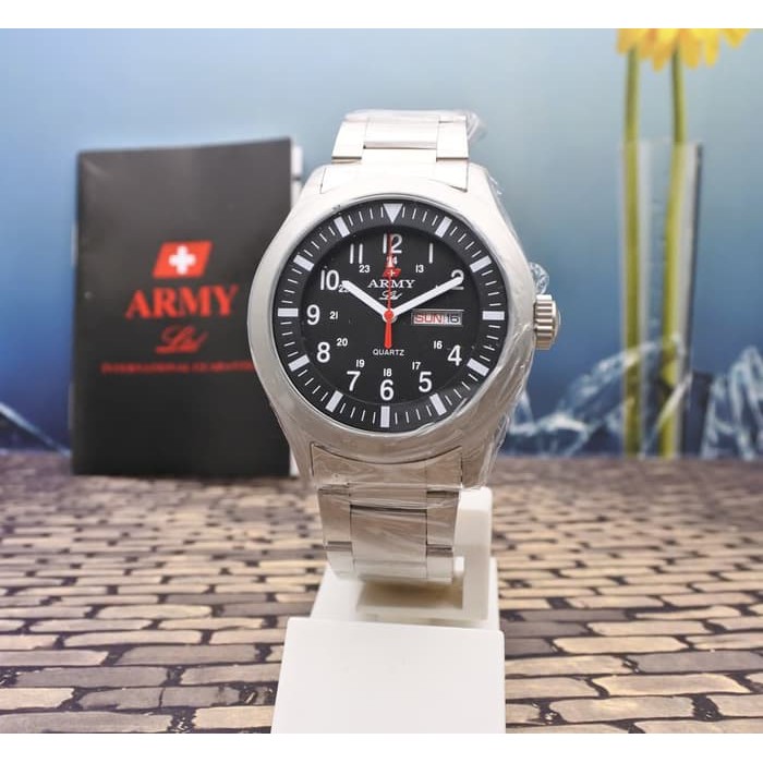 ORIGINAL Army Ltd Jam Tangan Pria Rantai Silver Hitam HC 7707