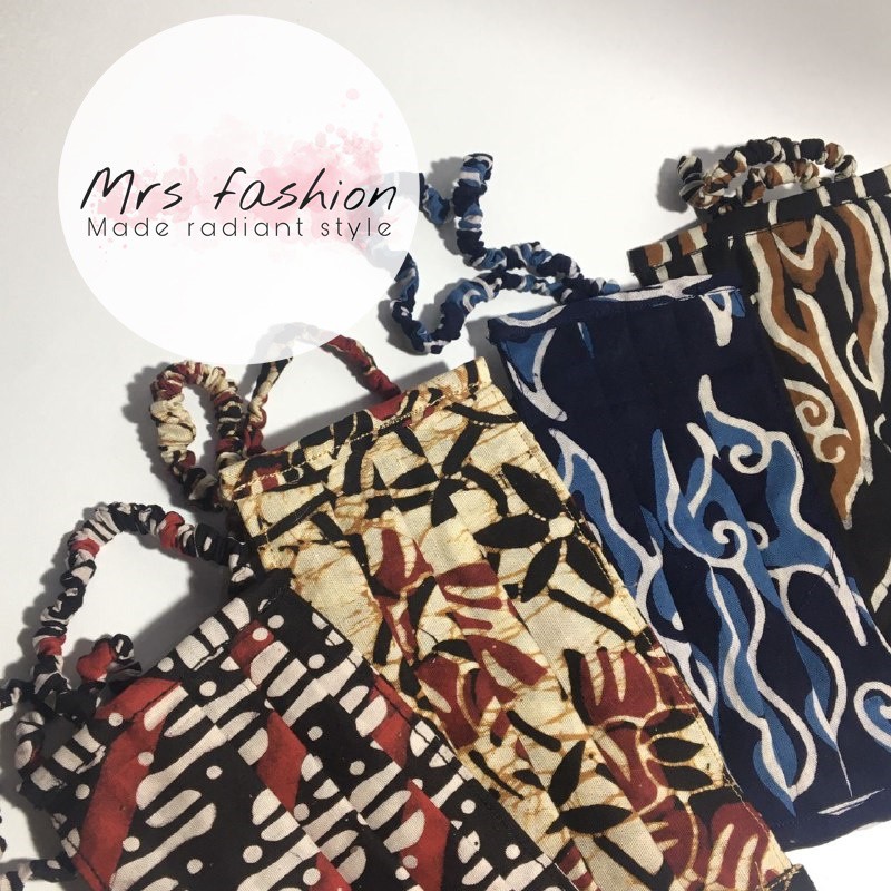 masker kain hijab rempel motif batik mega mendung cap garutan tali silang headloop 2 lapis ply