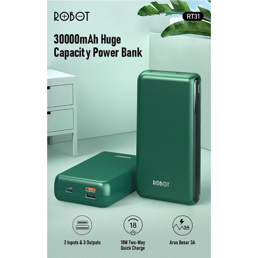 ROBOT Power Bank RT31 30000mAh Powerbank 3 Output 2 Input Power Delivery 18W Quick Charge 3.0 Origna