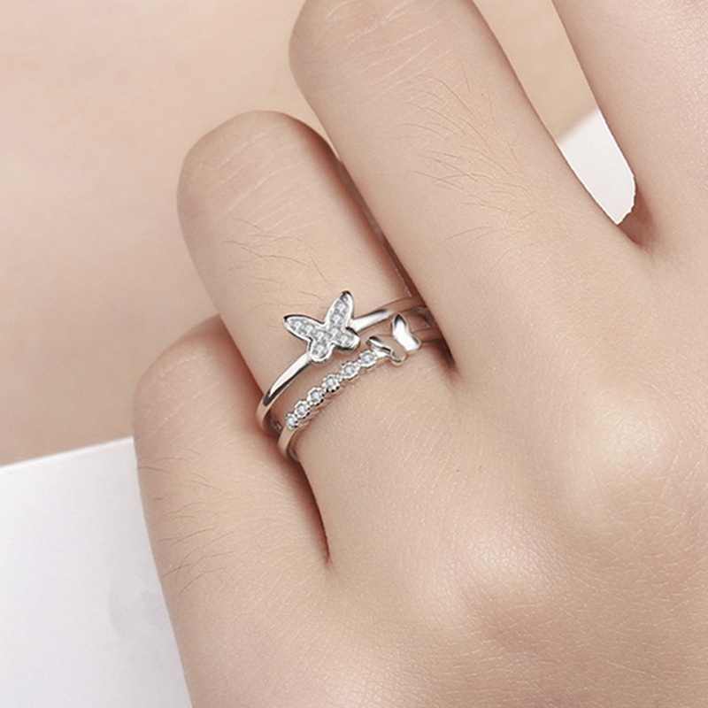 Fancyqube Cincin Model Double Butterfly Aksen Kristal Dan Berlian Imitasi Untuk Wanita