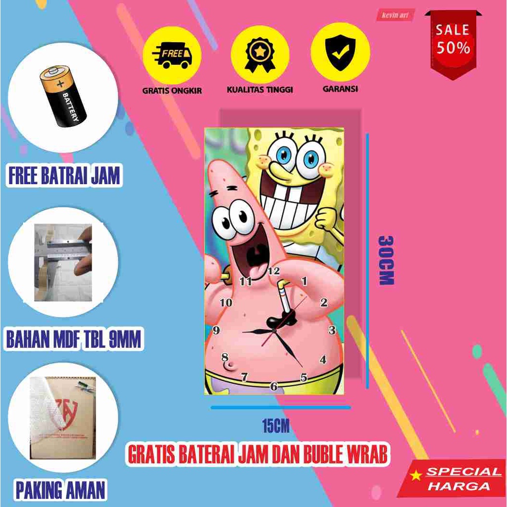 JAM DINDING KARAKTER SPONGEBOB SQUAREPANTS ANIMASI SPONSBOB UNIK BESAR KAYU VINTAGE SOUVENIR JAM CAFE Kevinart