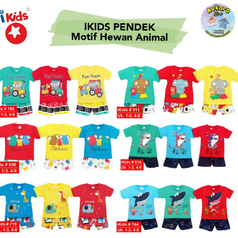 IKIDS - SETELAN IKIDS PENDEK 0-5 TAHUN MOTIF HEWAN ANIMAL GAJAH HIU IKAN JERAPAH