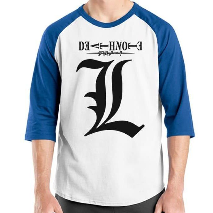 Diskon Raglan Death Note 10 - Baju Kaos Oblong Distro Anime Ordinal - White-Blue, L Terbaru