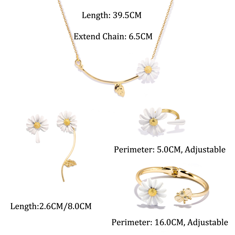 XiaoboACC 925 Silver Needle Korean Fashion Cute Daisy Earrings Clavicle Chain Necklace Daisy Bracelet Daisy Ring