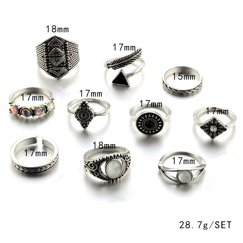 Etnis Retro drop minyak sudut panah beberapa totem diukir bohemian diamond set 10 cincin