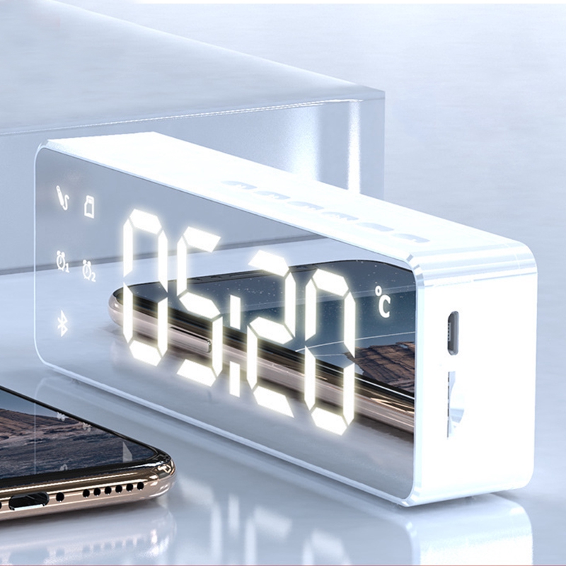 LED Alarm Clock Mirror Bluetooth Speaker Adjustable Brightness Temperature Display Answer By Phone