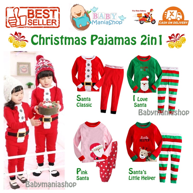 Pajamas Natal Sleepsuit Christmas Pajamas 2in1 Natal Romper set Hat 2in1 Baju Bayi Natal I Love Santa Claus Santa's Little Helper Christmas Pink Santa Setelan Panjang