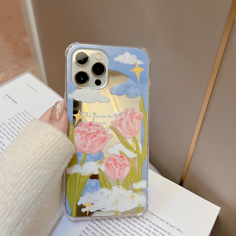 IPHONE Ins Phone Cover Blooming Tulip Mirror Case Untuk Iphone7 8 PLUS X XR XS 11 12 13 14 MINI PRO MAX SE 2020 Pelindung Tahan Guncangan