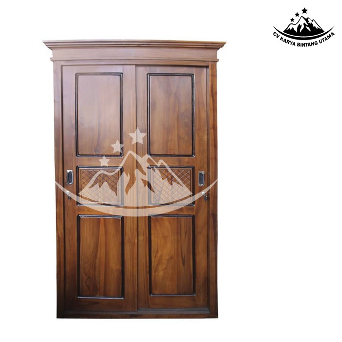 Lemari Pakaian Kayu 2 Pintu Sliding/Engsel Polos - motif dan kaca