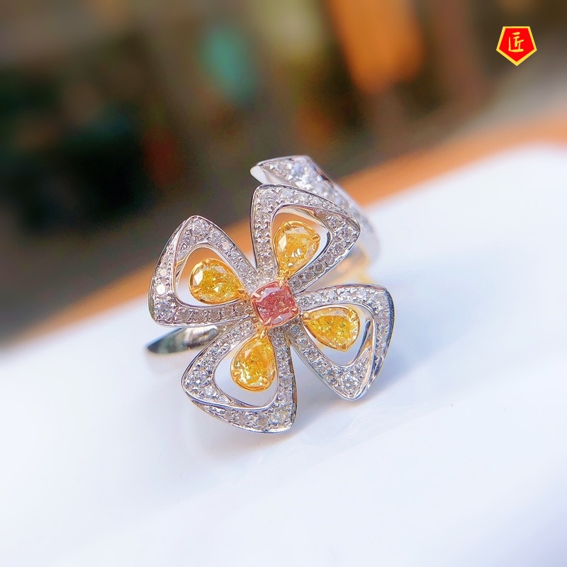 [Ready Stock]Pt950 Yellow Diamond Clover Flower Pink Crystal Ring Elegant Sweet