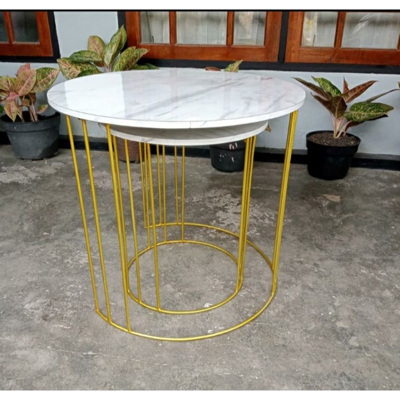 MEJA BULAT BESI GRANIT MINIMALIS