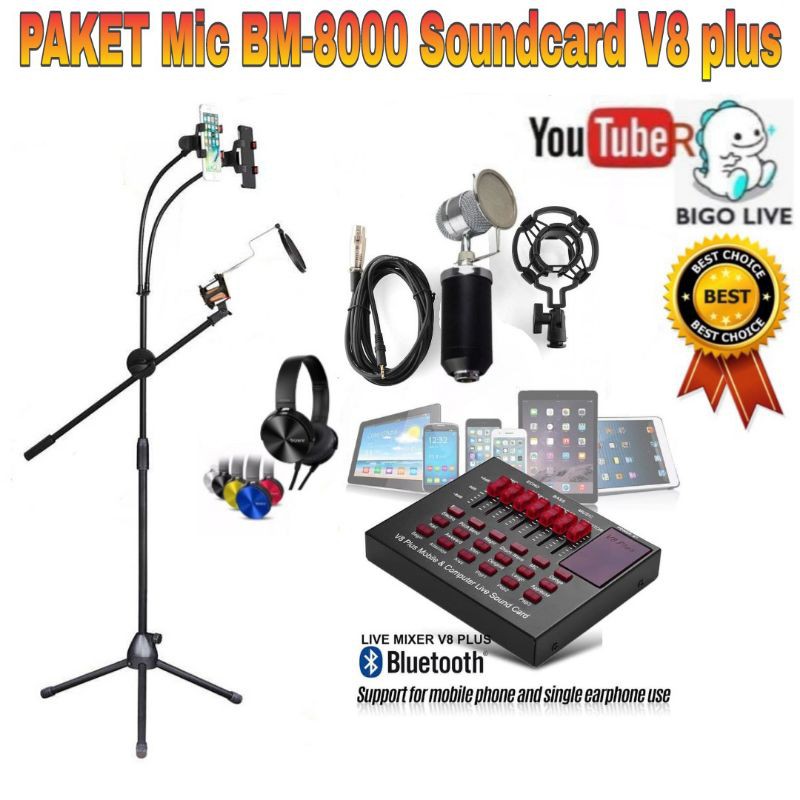 Paket Komplit Mic BM8000 Soundcard V8 Stand Berdiri Standing Holder Tripod with 2 x phone Holder