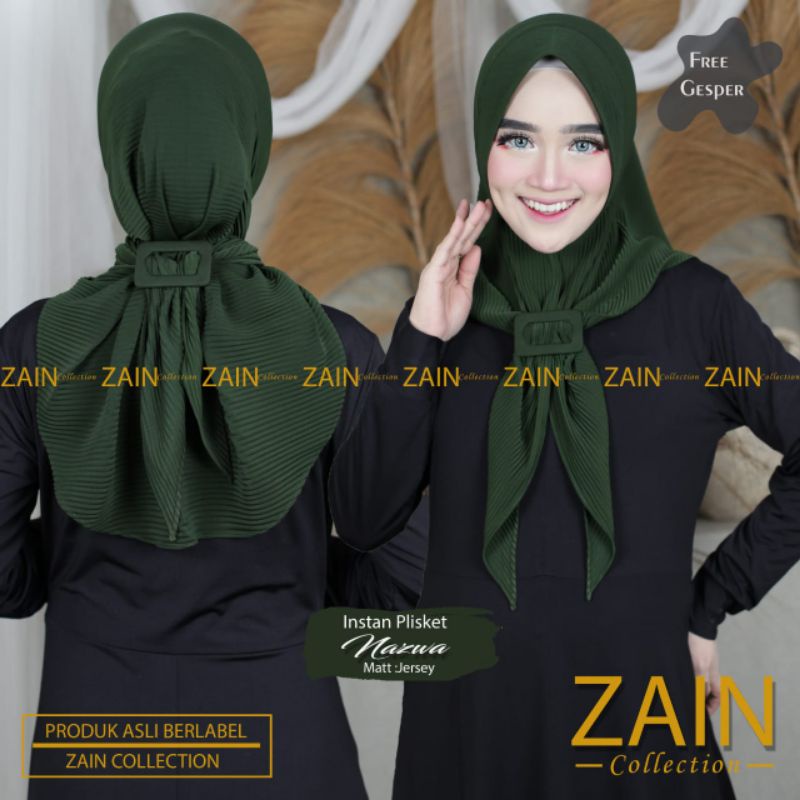Jilbab Instan Plisket Nazwa Free Belt Ori Zain Collection-Army