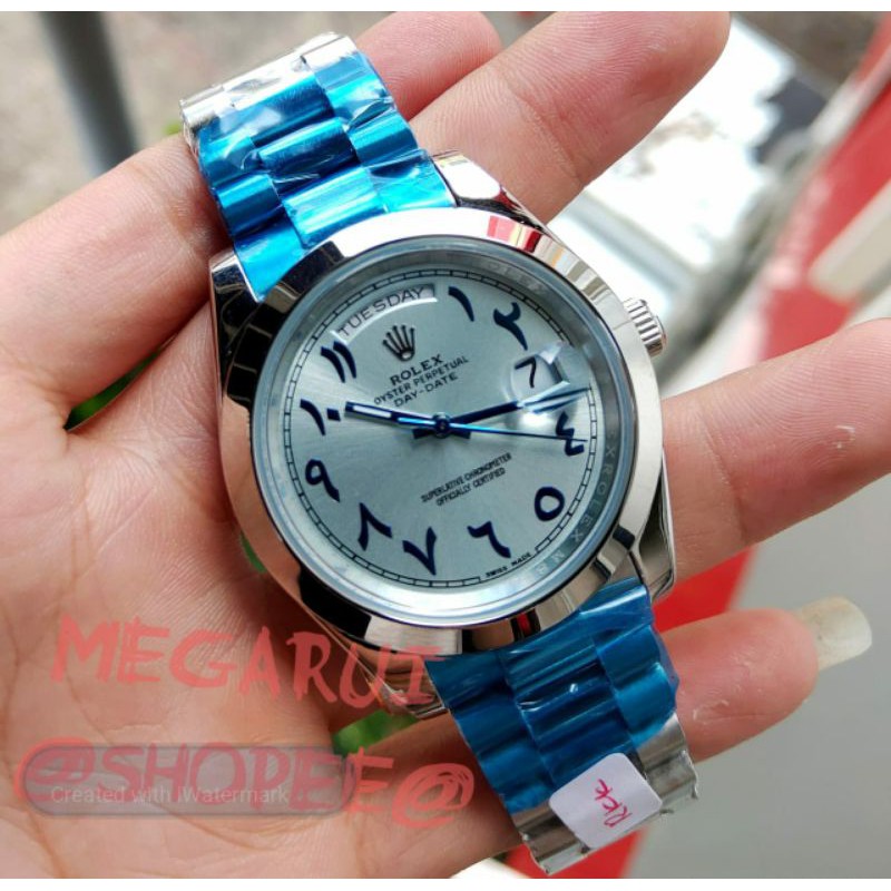 JAM TANGAN ROLEX DAY DATE ARAB SILVER BLUE AUTOMETIC SUPER PREMIUM AAA