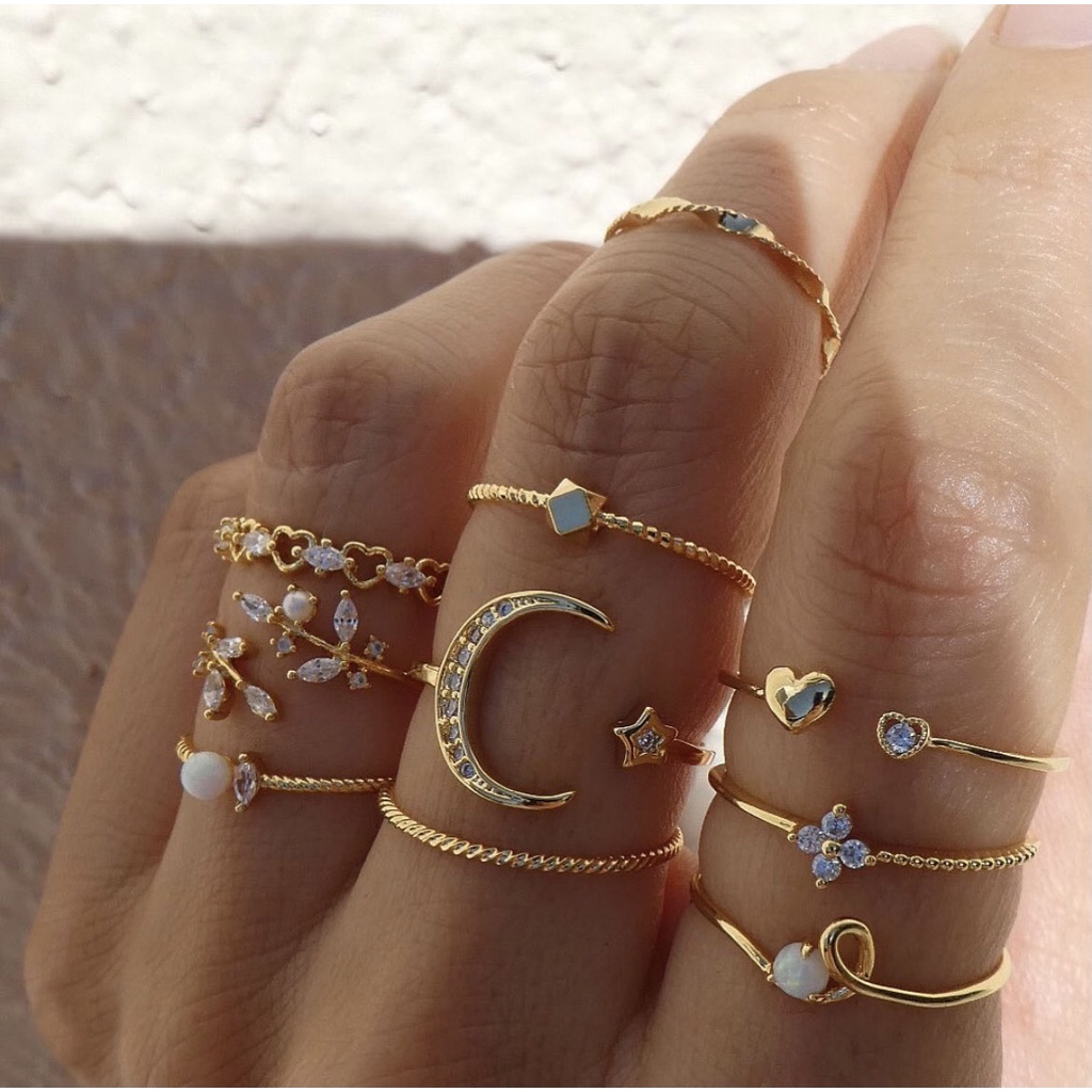 10-piece set, star, moon, European and American suit ring, diamond, pearl, bohemian suit, ring jewelry