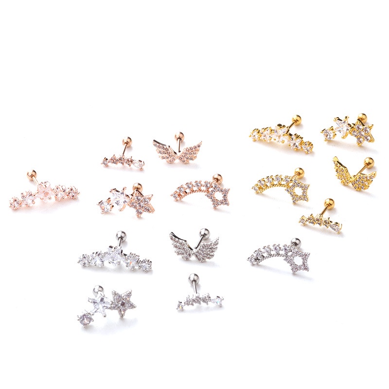 1Pc Zircon Star Wings Cartilage Helix Tragus Conch Rook Lobe Screw Back Earring Stud