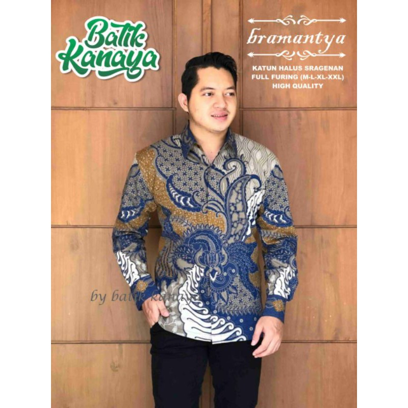 Kemeja Batik Pria Warna Biru Batik Lengan Panjang Warna Biru BRAMANTYA Batik Pria Lapis Furing