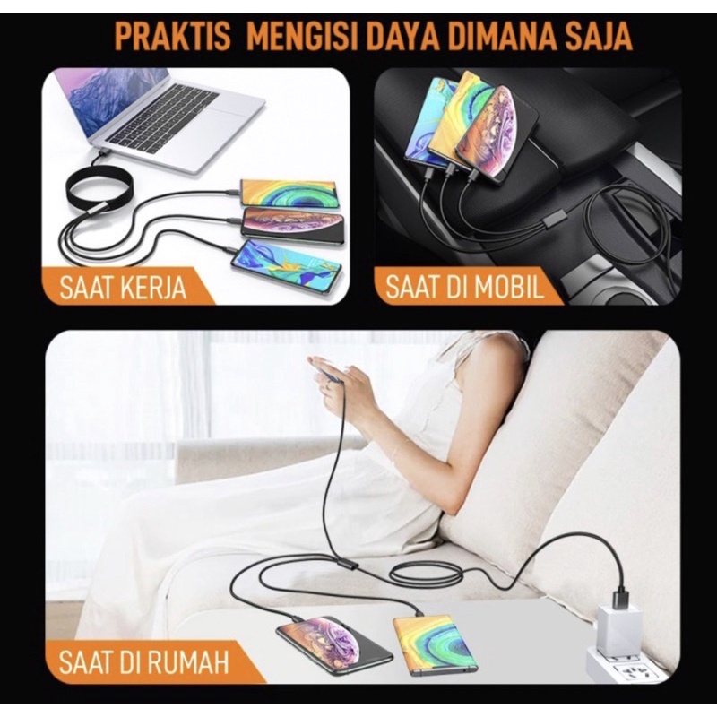3 In 1 120W 6A Kabel Data Pengisian Super Cepat Silikon Cair Kabel Data Pengisian Cepat Untuk Kabel Data Micro USB Type-C