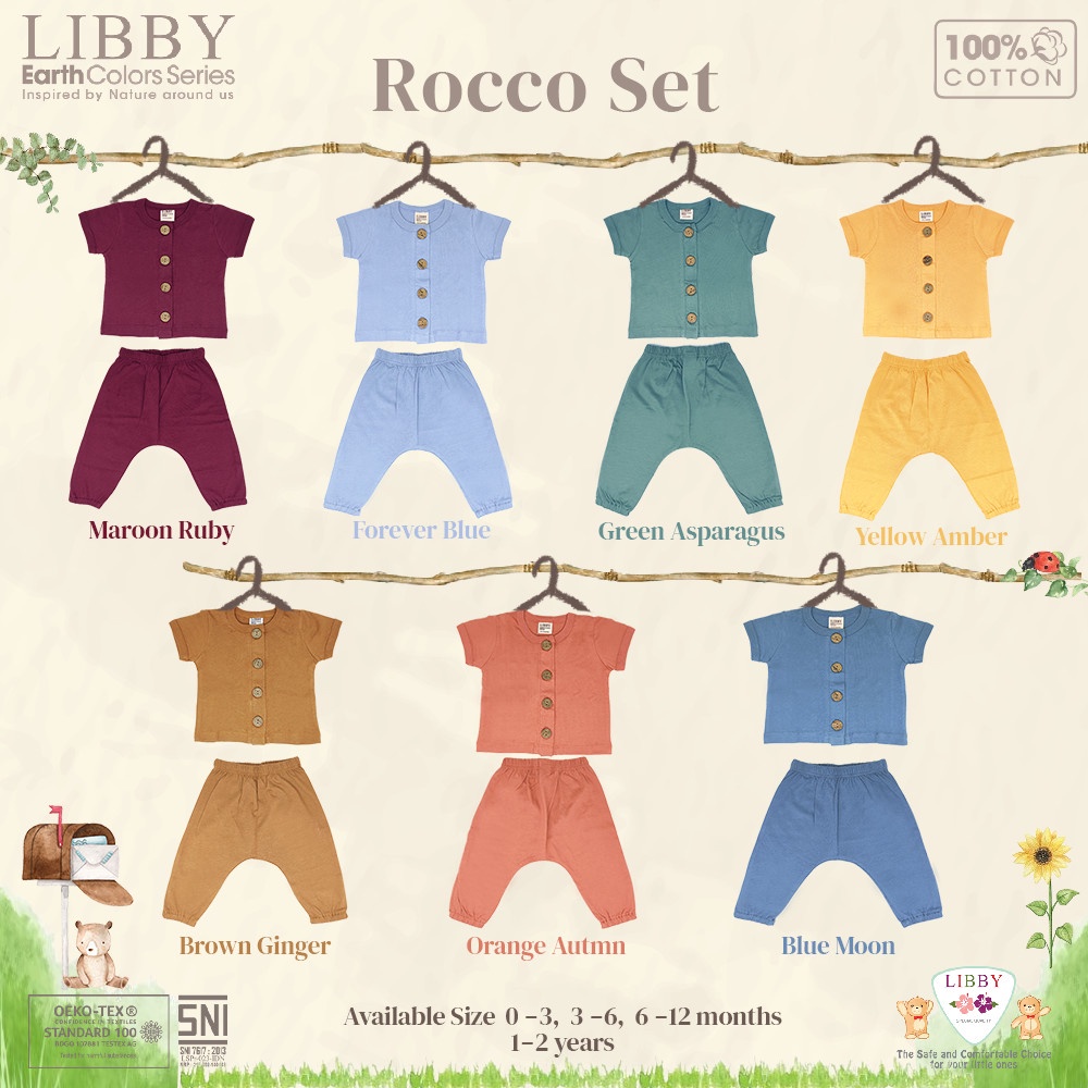 Libby Earth Series Rocco set Button Shirt Jogger Pants Setelan Oblong Pendek Kancing Depan Celana Jogger Baju Bayi Piyama Anak Unisex