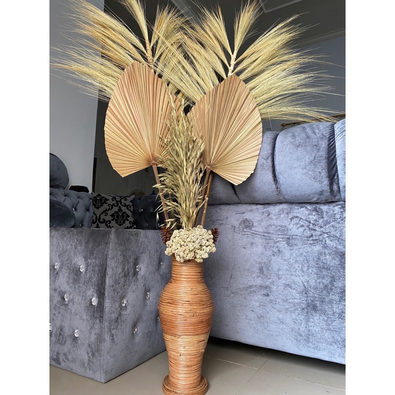 Paket Dekorasi Rustic & Pot Tingii 40cm Daun Palem Kering Dried Palm Bunga Kering Dried Palm Dried F