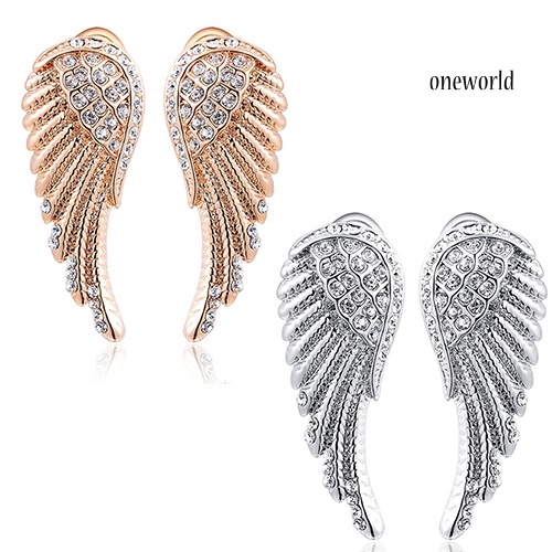 OW@ Women's 9K Gold Plated Angel Wings Crystal Ear Studs Luxury Earrings Jewelry