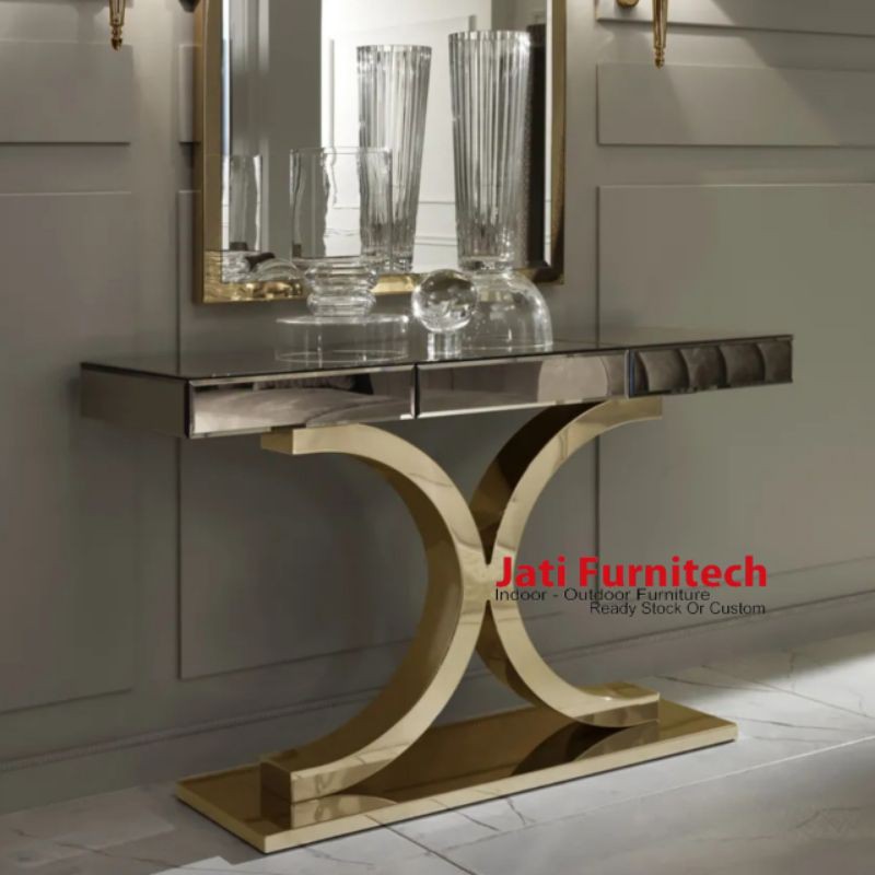 Console Table Stainless Gold with Drawer Bronze Mirror
