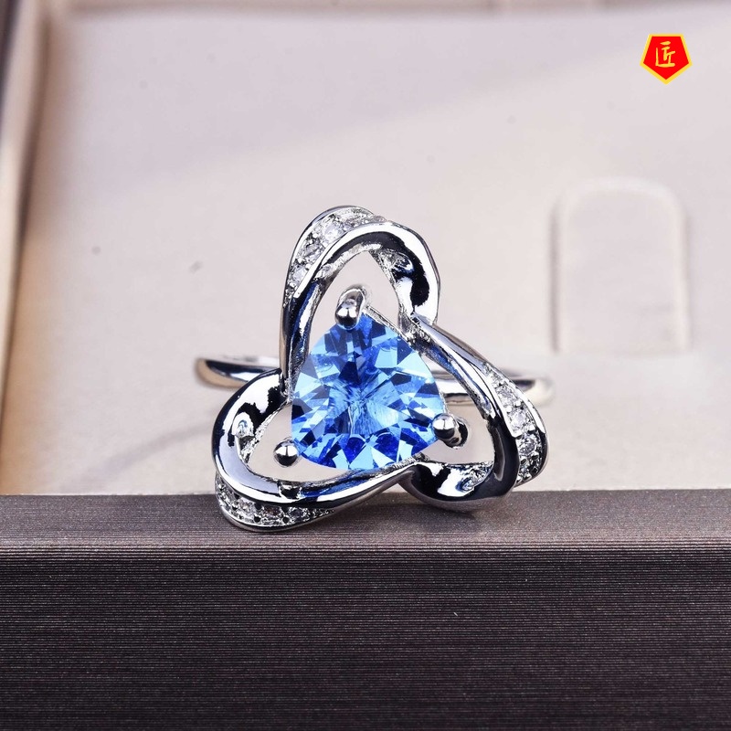 [Ready Stock]Creative Flower Triangle Natural Blue Topaz Ring