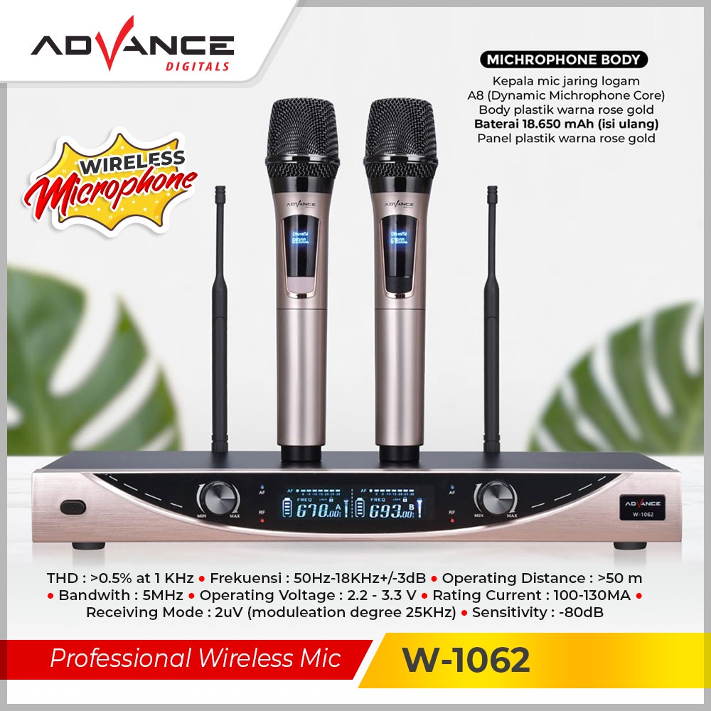 Advance Digitals W1062 Dual Mic Wireless Profesional Microphone + amplifier mic wireless