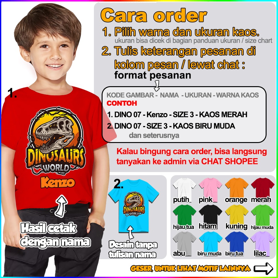 [FREE NAMA!!] Kaos Baju COUPLE  ANAK DAN DEWASA DINO DINOSAUR DINOSAURUS TYREX BANYAK MOTIF