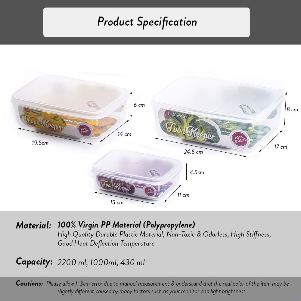 Elianware Transparent Square BPA Free Airtight Food Container 2200 ml