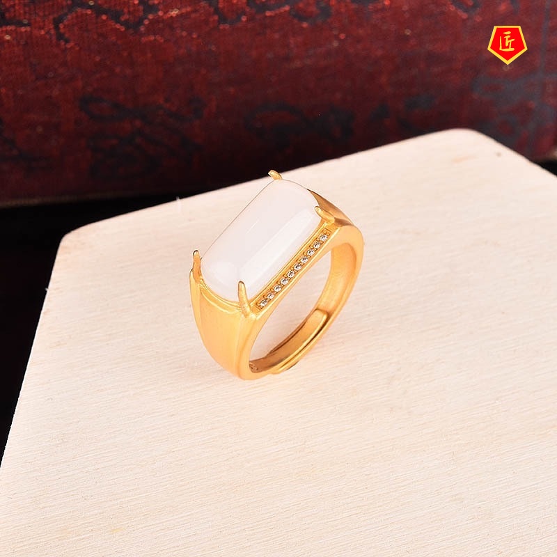 [Ready Stock]Elegant Inlaid Hetian Jade Gold Ring