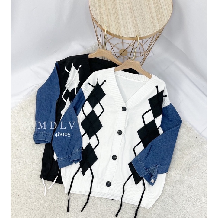 MDLV ~ 48005 Dalmian Knit Jacket Combi Denim Cardigan Rajut Denim Cewek Vardigan Rajut Lengan Panjang Premium Outer Rajut Denim Cardigan Rajut Import Good Quality Fashion Import