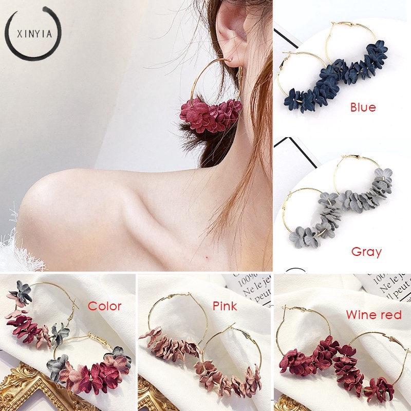 Anting korea Temperament Women's Fabric Flower Flash Anting Panjang
