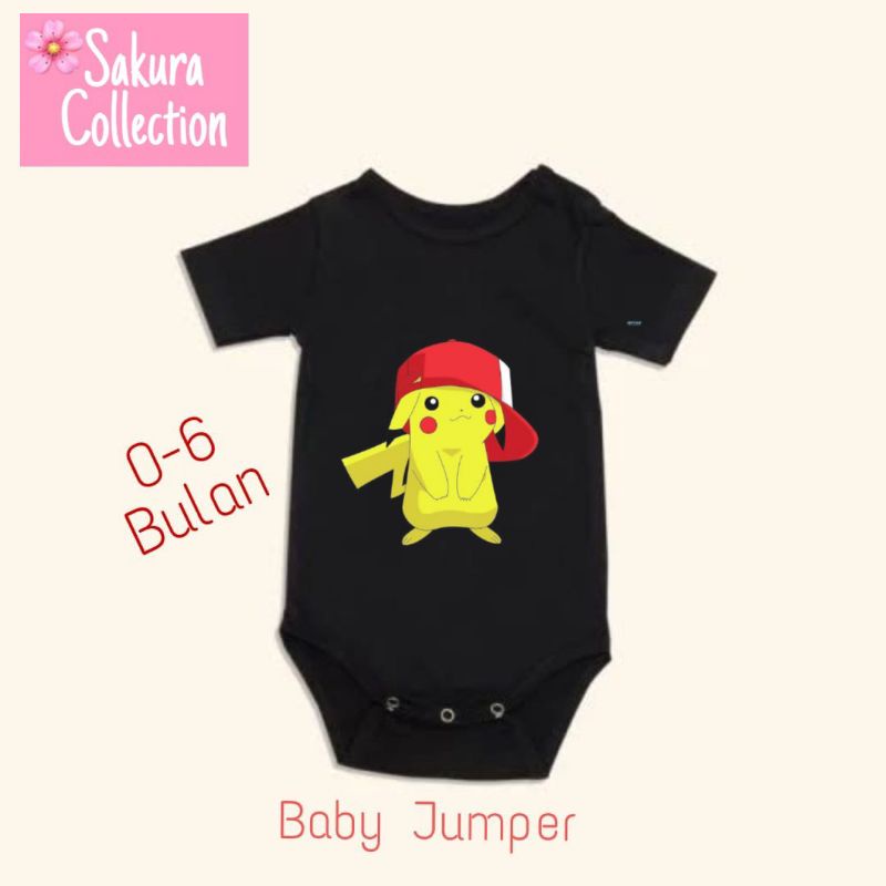 Kaos baju bayi jumper baby kids pendek ANIME POKEMON PIKACHU logo tulisan usia 0 1 2 3 4 5 6 7 8 9 10 11 12 bulan sampai umur 1 tahun adem jumpsuit babysuit romper bodysuit little anak kecil hitam style laki laki perempuan unisex nyaman lembut