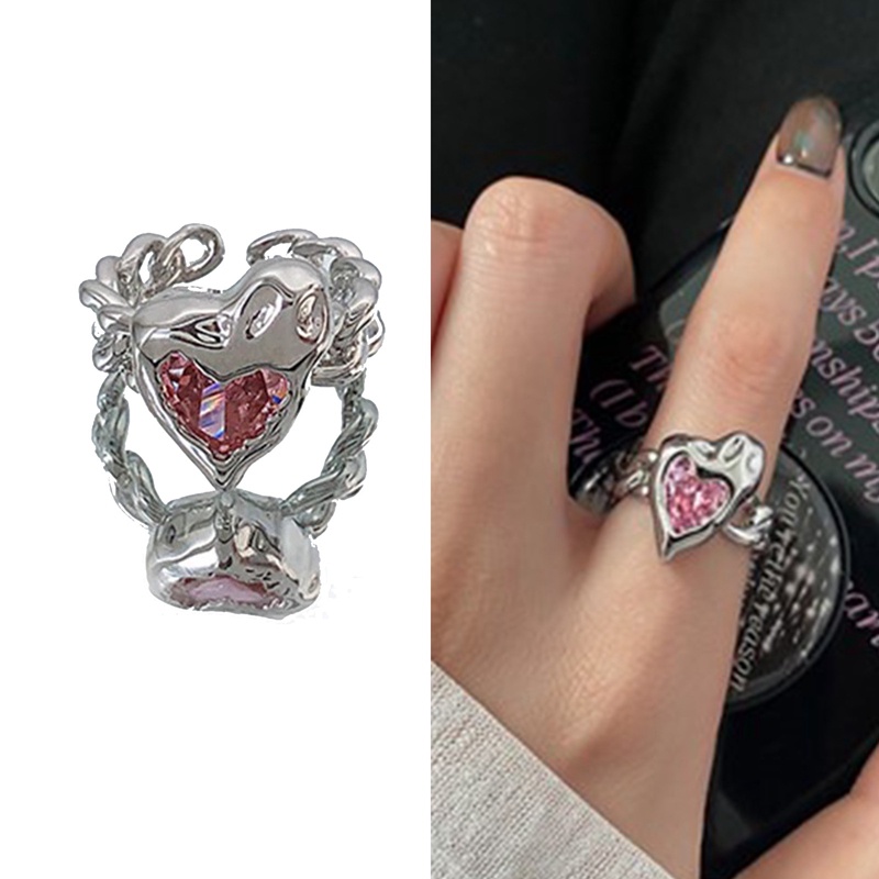 Cincin Model Terbuka Desain Hati Asimetris Hias Kristalzircon Warna Pink Untuk Wanita