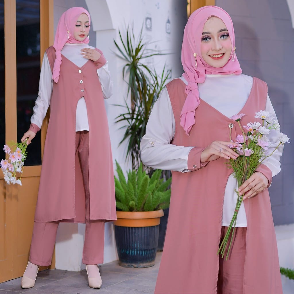 ONE SET LONG TUNIK SHAKILA PREMIUM/SETELAN WANITA KOMBINASI KEKINIAN